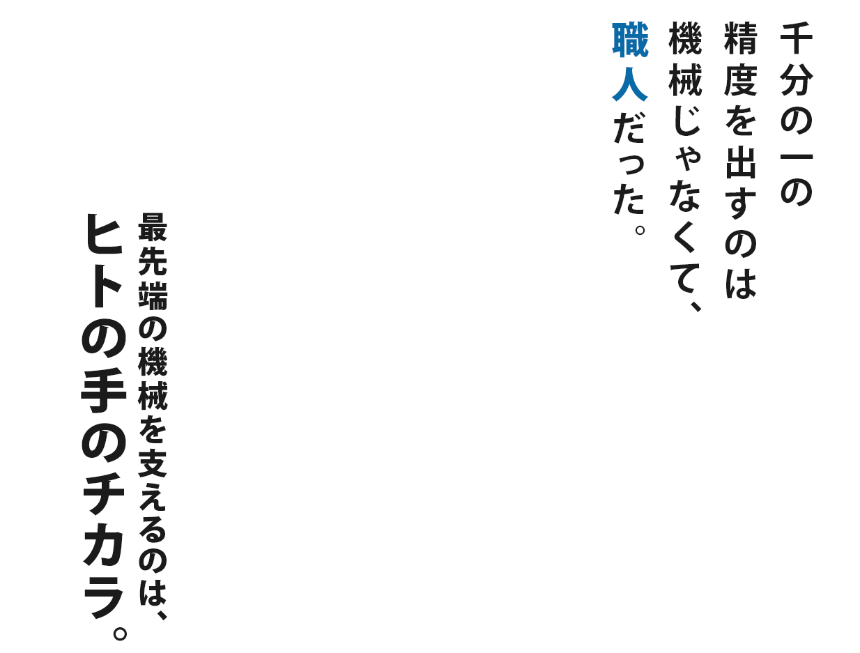 ［千分の一の精度を出すのは機械じゃなくて、職人だった。］最先端の機械を支えるのは、ヒトの手のチカラ。様々な部品が組み合わさってできる工業機械の部品には高い加工精度が要求されます。同じような加工に見えても、当社では積み重ねた経験とノウハウで、より高い精度、より難易度の高い加工を実現します。